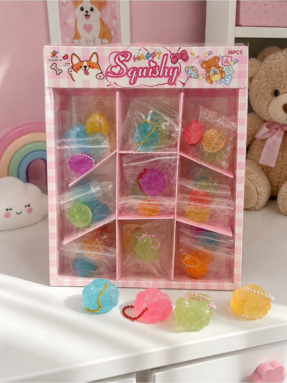 Happy Squishy 36 Piece Mini Squishy Toy Set – Colorful Squishies with Keychains